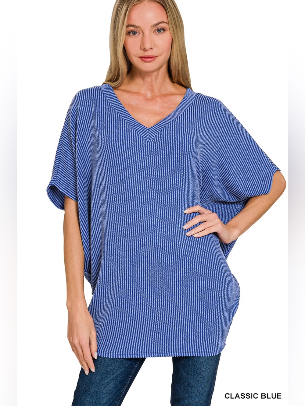 Zenana RAISED RIB V-NECK BATWING TOP